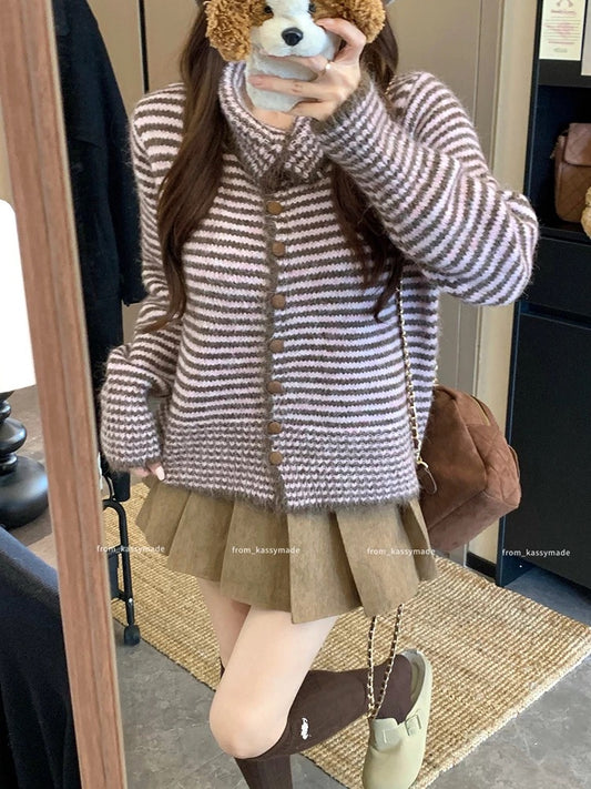 2025 autumn new retro striped lapel temperament casual versatile long-sleeved knitted sweater jacket tops women's trend
