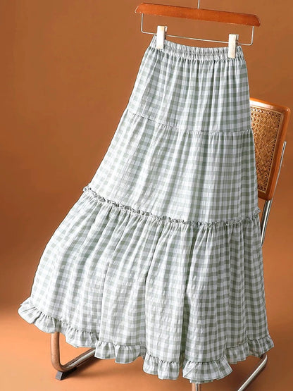 Wood ear edge plaid patchwork cake skirt chiffon skirt female summer 2025 new elastic waist a-line long skirt umbrella skirt