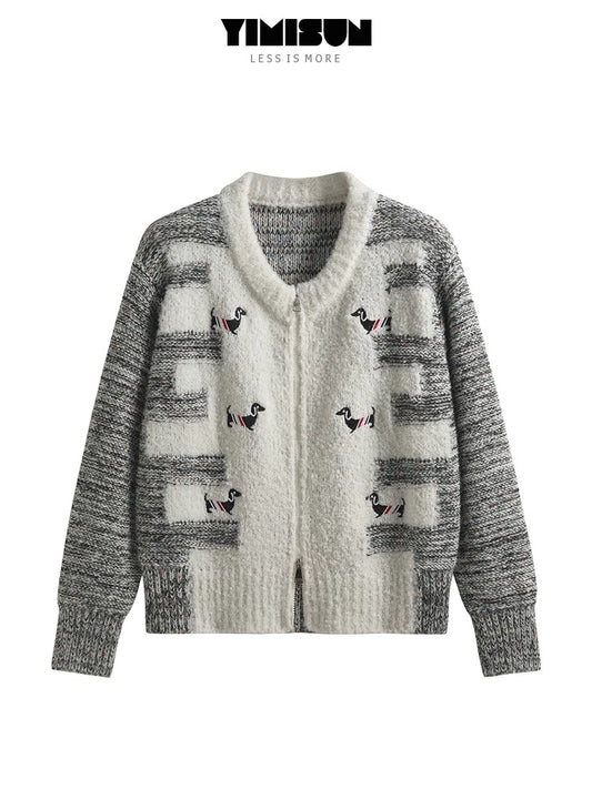 YIMISUN autumn and winter new soft glutinous zipper puppy embroidery college style age-reducing knitted cardigan sweater jacket for women
