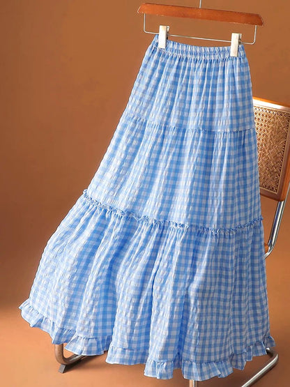 Wood ear edge plaid patchwork cake skirt chiffon skirt female summer 2025 new elastic waist a-line long skirt umbrella skirt