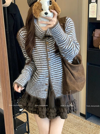 2025 autumn new retro striped lapel temperament casual versatile long-sleeved knitted sweater jacket tops women's trend