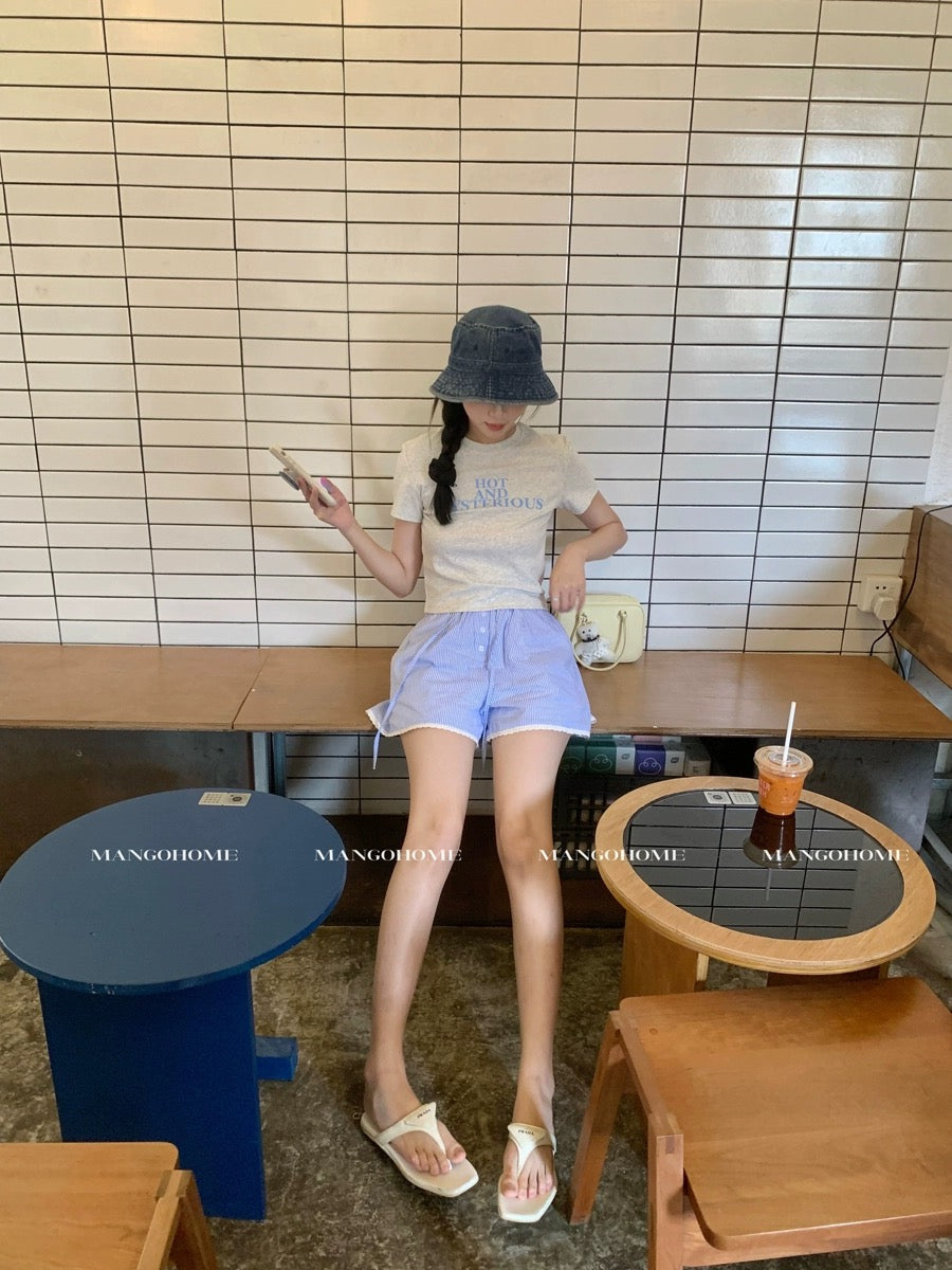 Summer Refreshing Striped Casual Shorts Thin Women's High Waist Loose Slim Lace Spliced Wide Leg Pants Comfortable Pajama Pants