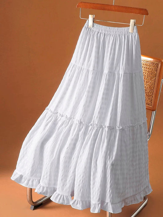 Wood ear edge plaid patchwork cake skirt chiffon skirt female summer 2025 new elastic waist a-line long skirt umbrella skirt