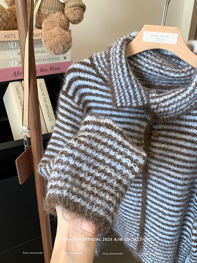 2025 autumn new retro striped lapel temperament casual versatile long-sleeved knitted sweater jacket tops women's trend