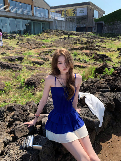 Eight-cover pinky piggy Blazing Galaxy Klein blue patchwork suspender dress with elegant waist and short skirt