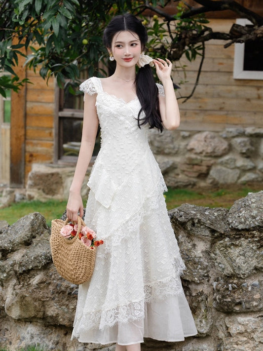 Super nice French beautiful white suspender dress for women summer high-end seaside vacation beach long skirt fairy