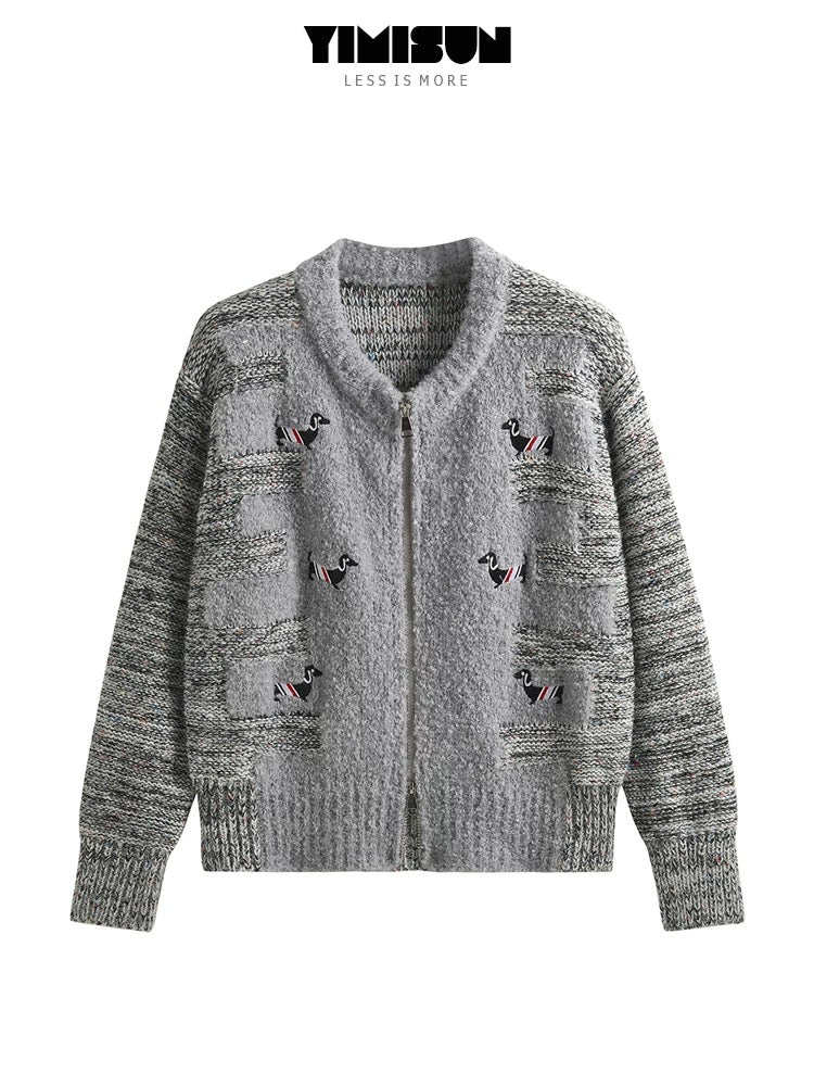 YIMISUN autumn and winter new soft glutinous zipper puppy embroidery college style age-reducing knitted cardigan sweater jacket for women