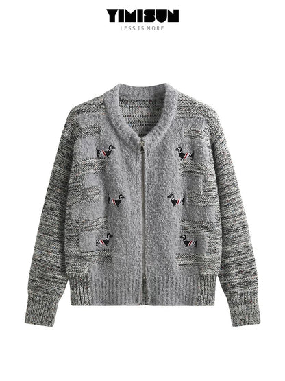 YIMISUN autumn and winter new soft glutinous zipper puppy embroidery college style age-reducing knitted cardigan sweater jacket for women