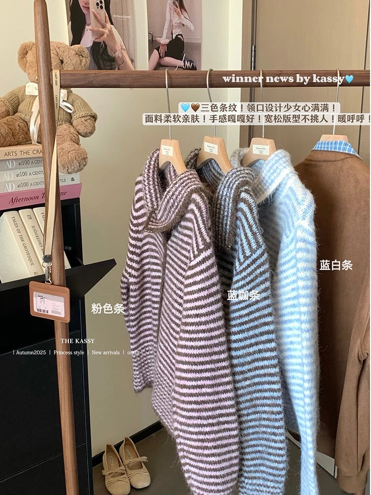 2025 autumn new retro striped lapel temperament casual versatile long-sleeved knitted sweater jacket tops women's trend