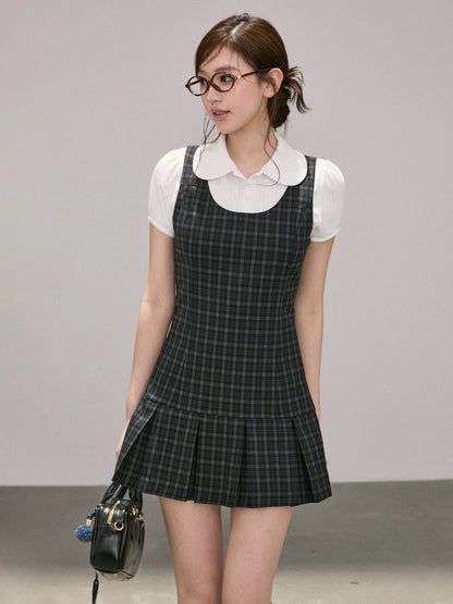 OIOI ESSE｜Fashionable Retro Style Plaid Vest Dress Women's Summer Girlish Style Pleated Skirt Mini Skirt