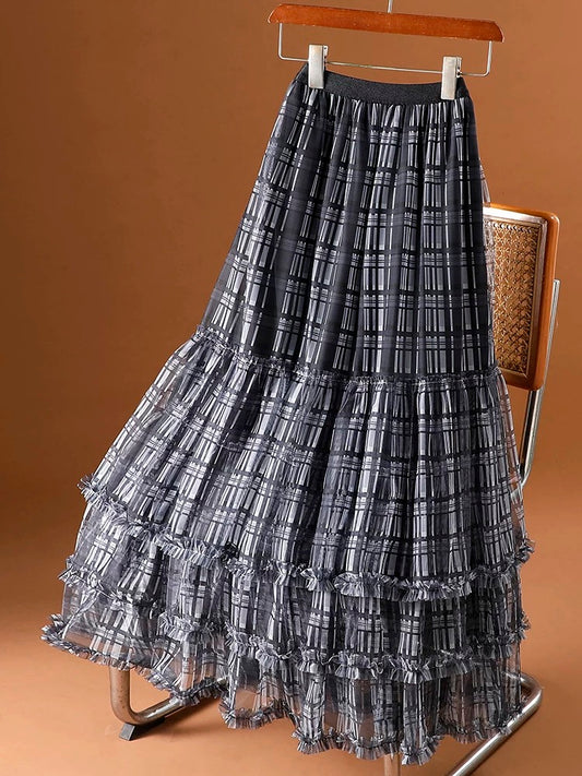 Mesh plaid skirt women's medium-length spring and summer 2025 new high waist slim a-line umbrella skirt splicing cake skirt