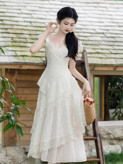Super nice French beautiful white suspender dress for women summer high-end seaside vacation beach long skirt fairy