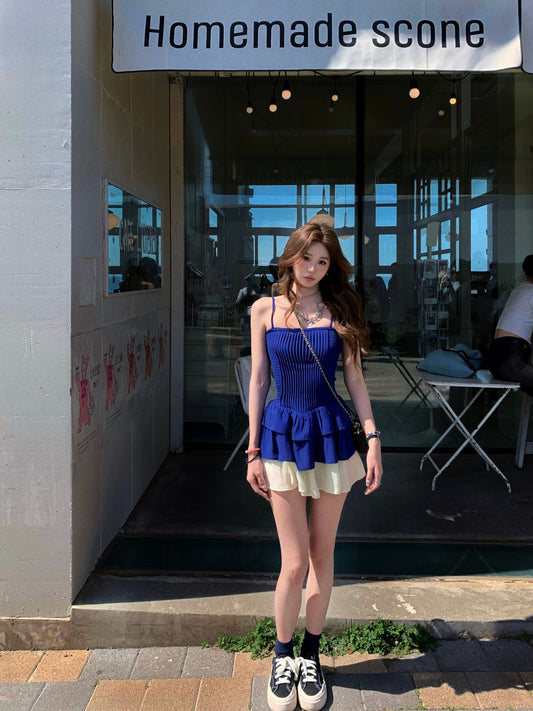Eight-cover pinky piggy Blazing Galaxy Klein blue patchwork suspender dress with elegant waist and short skirt