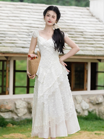 Super nice French beautiful white suspender dress for women summer high-end seaside vacation beach long skirt fairy