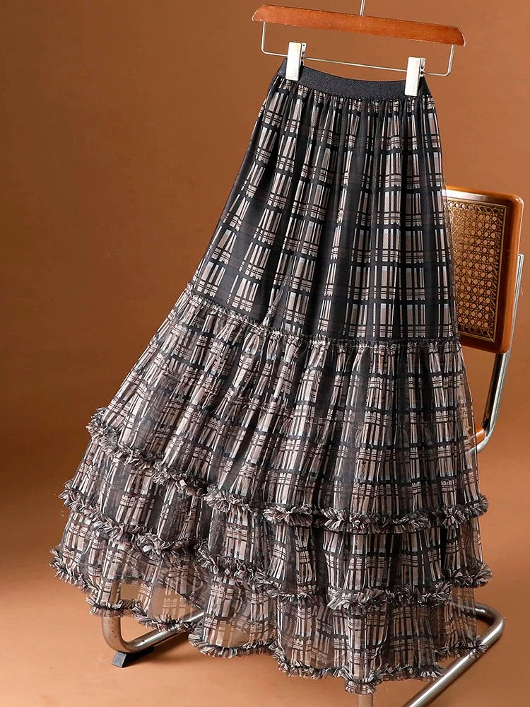 Mesh plaid skirt women's medium-length spring and summer 2025 new high waist slim a-line umbrella skirt splicing cake skirt