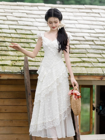 Super nice French beautiful white suspender dress for women summer high-end seaside vacation beach long skirt fairy