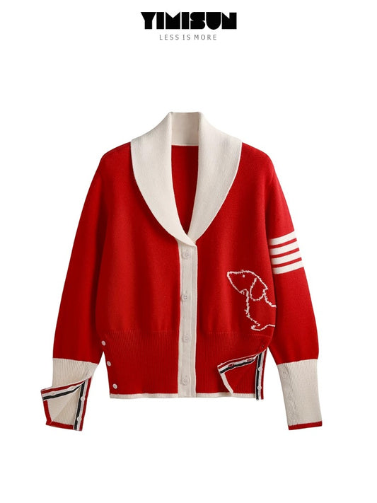 YIMISUN four-bar puppy embroidery knitted cardigan lapel loose college style versatile striped red jacket