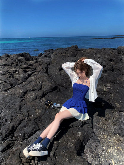 Eight-cover pinky piggy Blazing Galaxy Klein blue patchwork suspender dress with elegant waist and short skirt