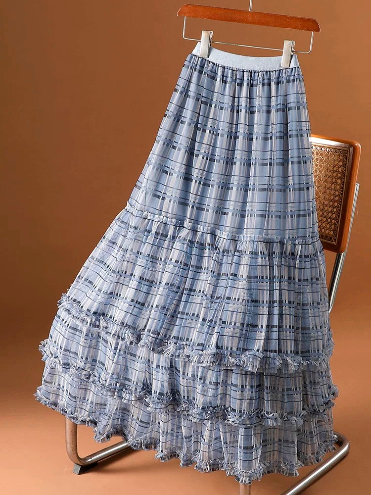 Mesh plaid skirt women's medium-length spring and summer 2025 new high waist slim a-line umbrella skirt splicing cake skirt