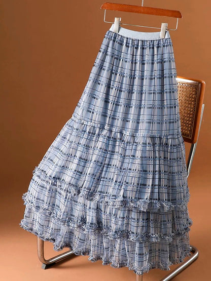 Mesh plaid skirt women's medium-length spring and summer 2025 new high waist slim a-line umbrella skirt splicing cake skirt