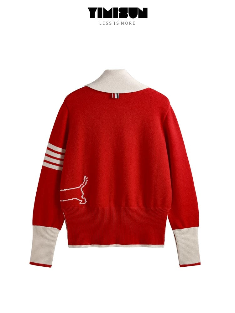 YIMISUN four-bar puppy embroidery knitted cardigan lapel loose college style versatile striped red jacket
