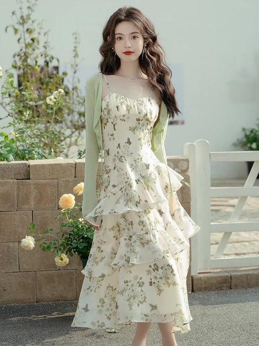French green floral suspender dress summer 2024 super fairy style high-end chic stunning skirt two-piece set