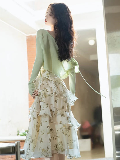 French green floral suspender dress summer 2024 super fairy style high-end chic stunning skirt two-piece set
