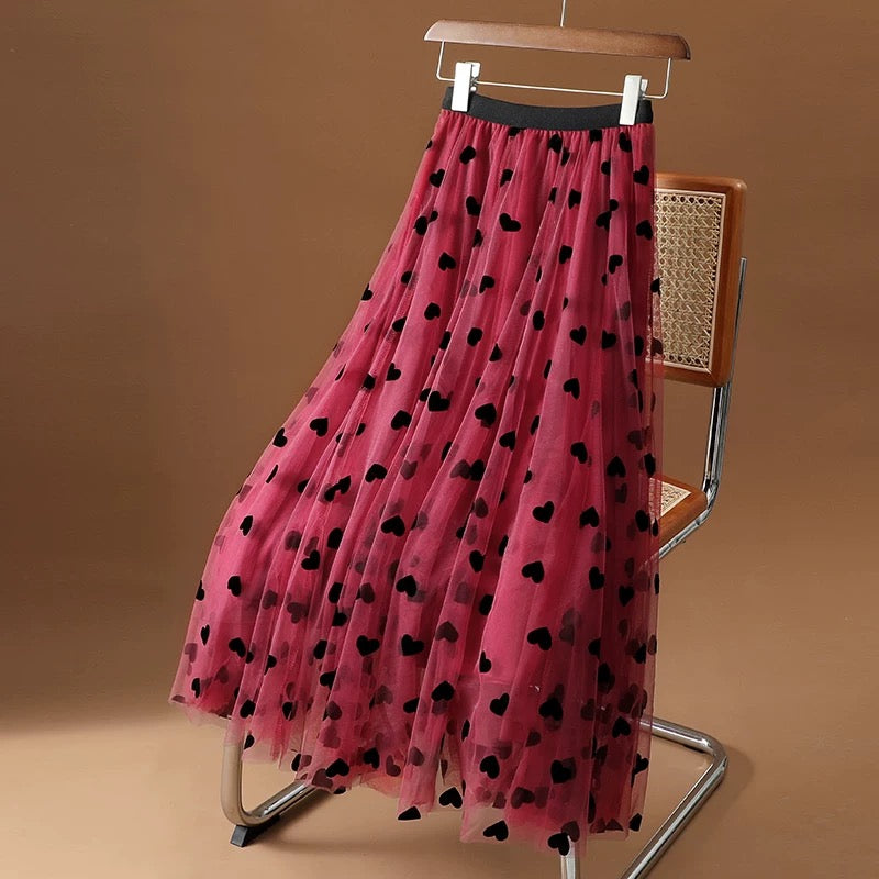 High-end French retro mesh skirt for women 2025 spring and autumn new love mid-length skirt puffy skirt flocking gauze skirt