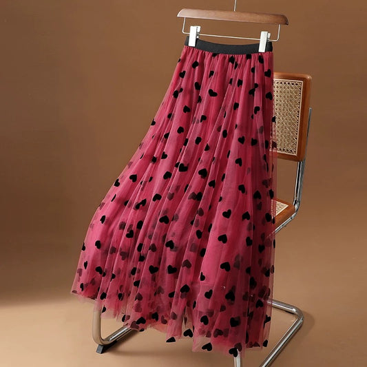 High-end French retro mesh skirt for women 2025 spring and autumn new love mid-length skirt puffy skirt flocking gauze skirt