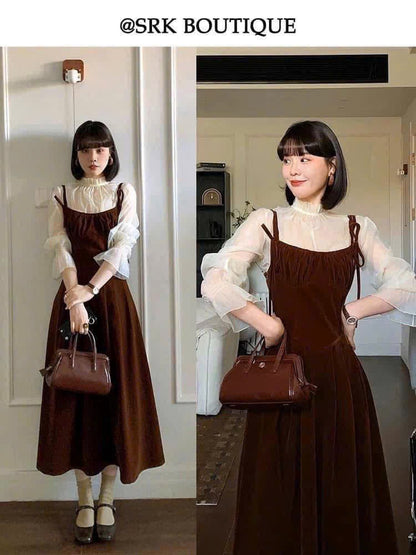 SRK French stand-collar shirt with elegant earrings and long sleeves, versatile half-turtle collar pullover fashionable top