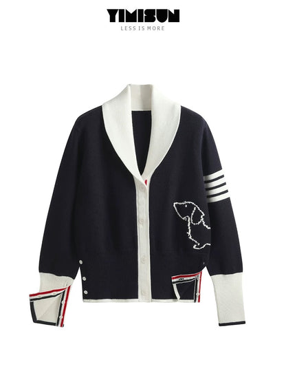 YIMISUN four-bar puppy embroidery knitted cardigan lapel loose college style versatile striped red jacket