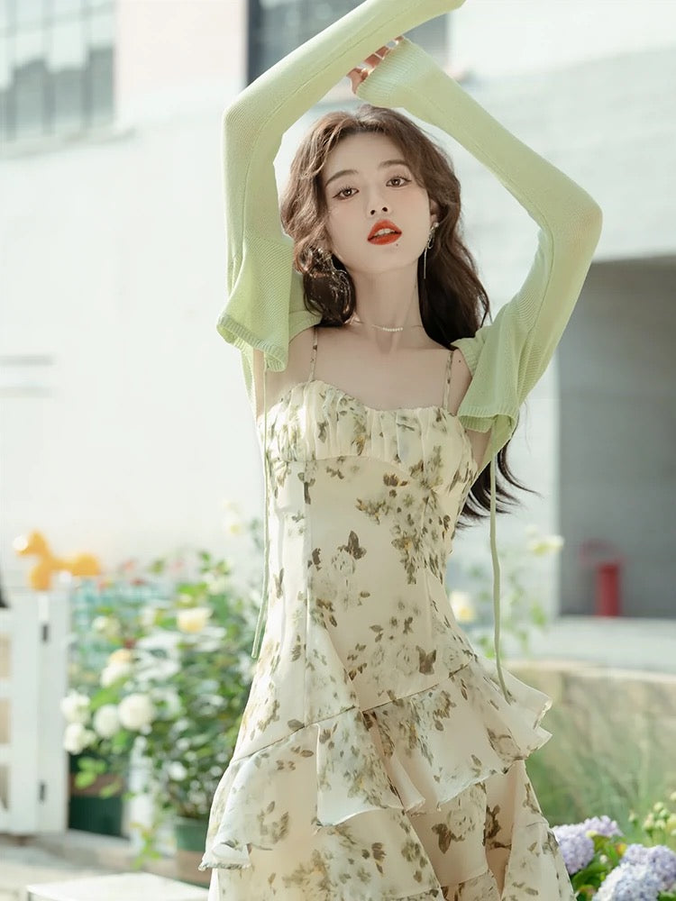 French green floral suspender dress summer 2024 super fairy style high-end chic stunning skirt two-piece set