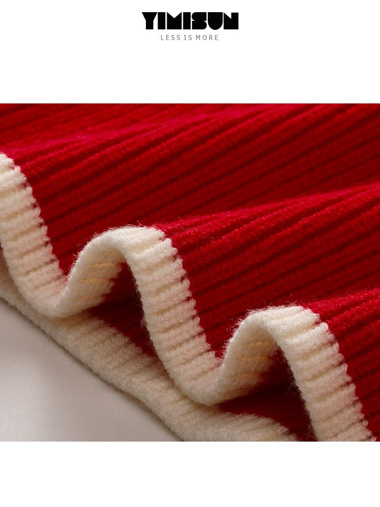 YIMISUN four-bar puppy embroidery knitted cardigan lapel loose college style versatile striped red jacket