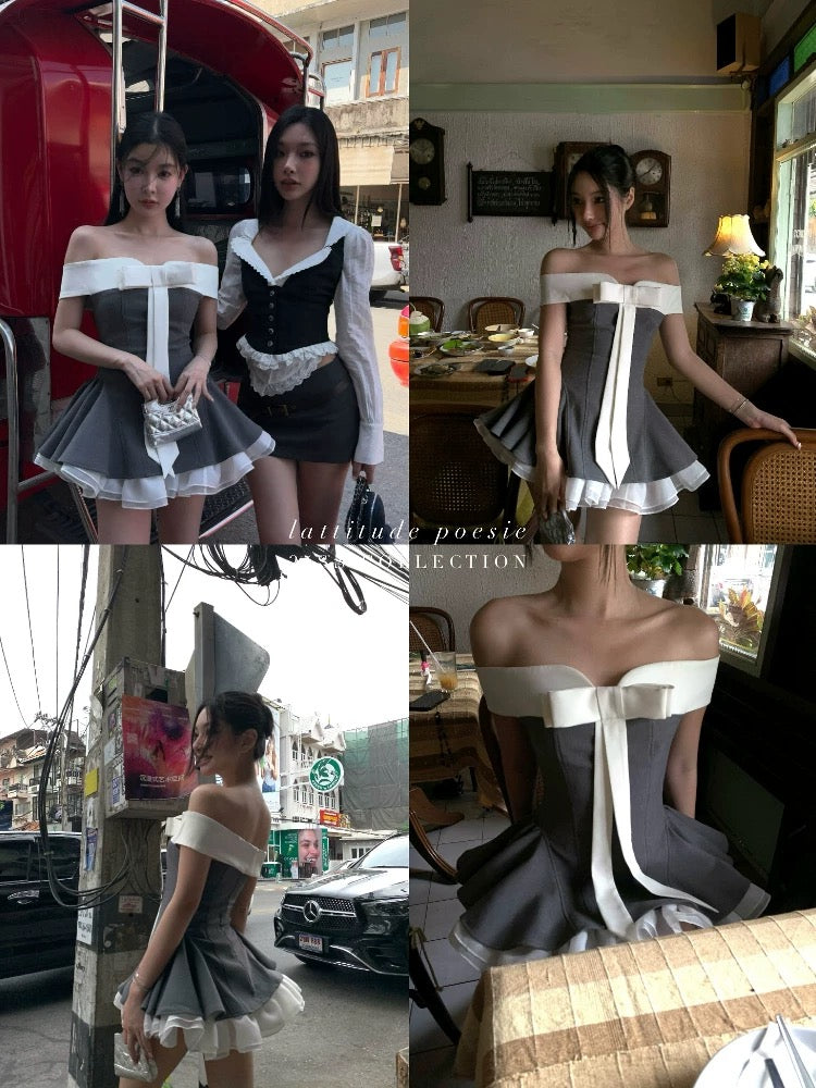 Lattitude/Yang Xiaolu Butterfly - Gray-toned Bow-print Off-the-shoulder Strapless Dress with Puffy Skirt
