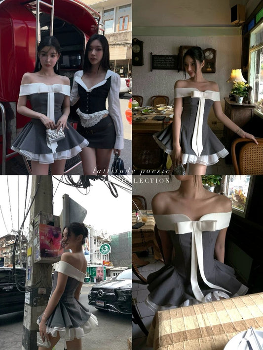 Lattitude/Yang Xiaolu Butterfly - Gray-toned Bow-print Off-the-shoulder Strapless Dress with Puffy Skirt