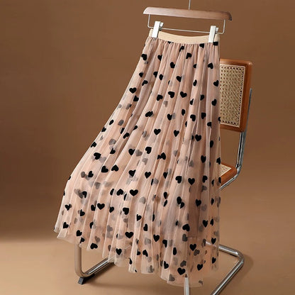 High-end French retro mesh skirt for women 2025 spring and autumn new love mid-length skirt puffy skirt flocking gauze skirt