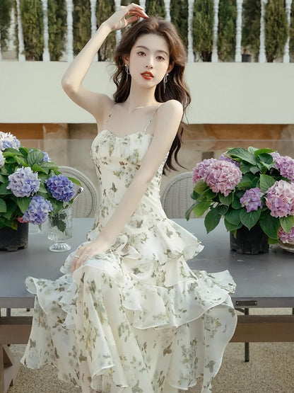 French green floral suspender dress summer 2024 super fairy style high-end chic stunning skirt two-piece set