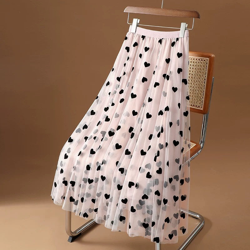 High-end French retro mesh skirt for women 2025 spring and autumn new love mid-length skirt puffy skirt flocking gauze skirt