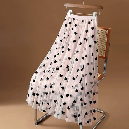 High-end French retro mesh skirt for women 2025 spring and autumn new love mid-length skirt puffy skirt flocking gauze skirt