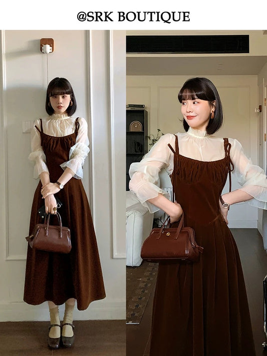 SRK French stand-collar shirt with elegant earrings and long sleeves, versatile half-turtle collar pullover fashionable top