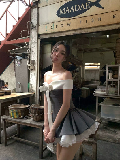 Lattitude/Yang Xiaolu Butterfly - Gray-toned Bow-print Off-the-shoulder Strapless Dress with Puffy Skirt