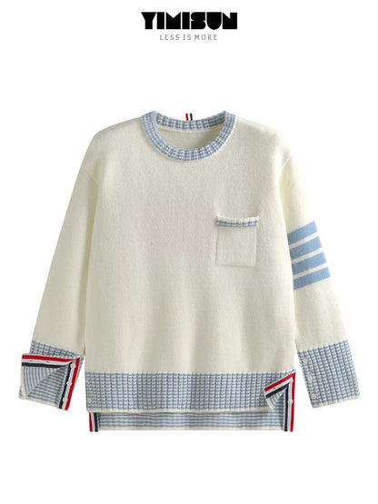 YIMISUN chic heavy work short front and long back puppy embroidery round neck contrast color pocket knitted pullover loose top