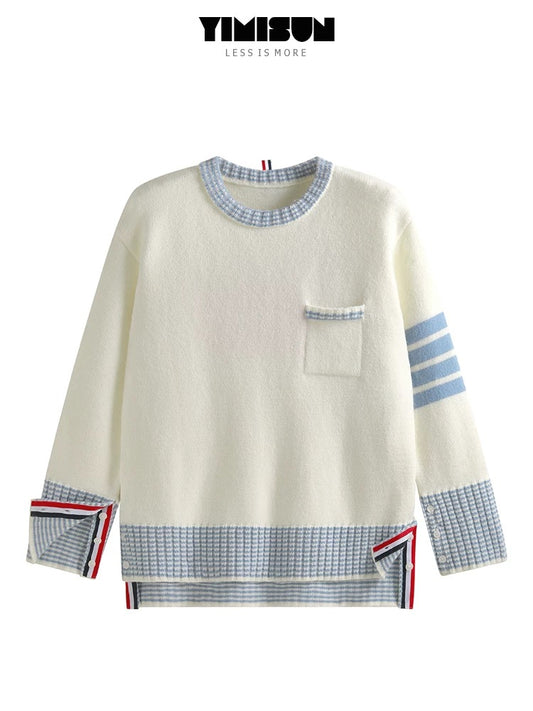 YIMISUN chic heavy work short front and long back puppy embroidery round neck contrast color pocket knitted pullover loose top