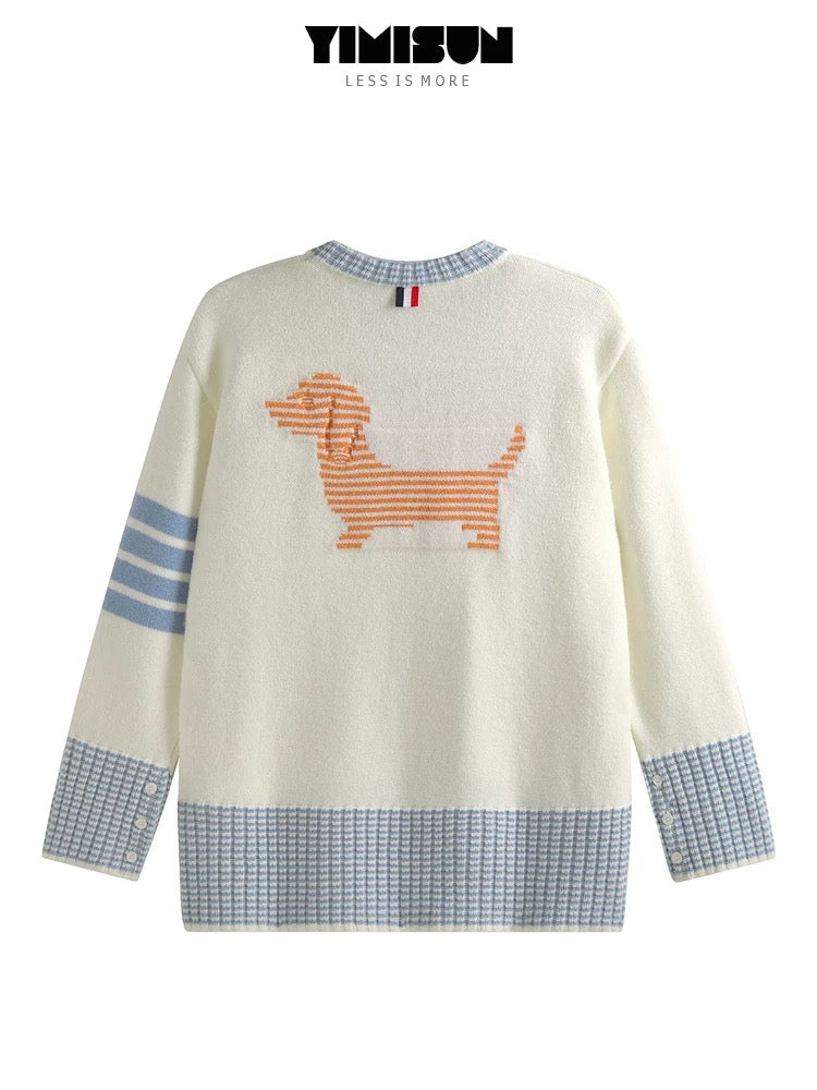YIMISUN chic heavy work short front and long back puppy embroidery round neck contrast color pocket knitted pullover loose top