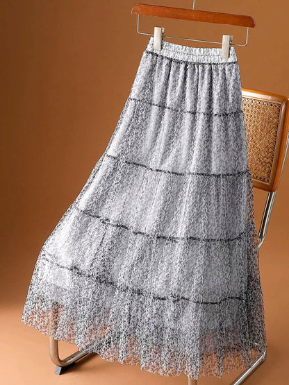 High-end leopard print mesh skirt for women, new style for spring and summer, drapey printed gauze skirt, hip-covering, slimming, swinging A-line long skirt