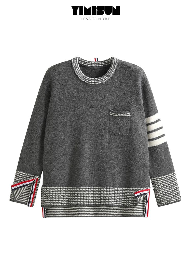 YIMISUN chic heavy work short front and long back puppy embroidery round neck contrast color pocket knitted pullover loose top