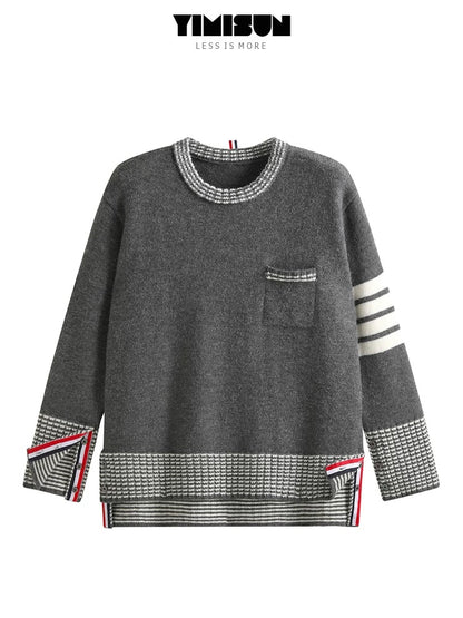 YIMISUN chic heavy work short front and long back puppy embroidery round neck contrast color pocket knitted pullover loose top