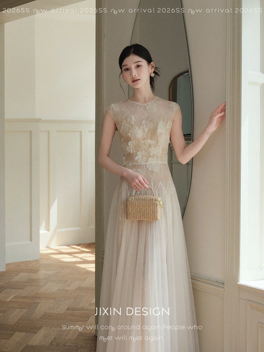 Send a letter featuring a "Ripples" heavy-duty lace 3D embroidered mesh dress, elegant, slimming, and ethereal long gown.