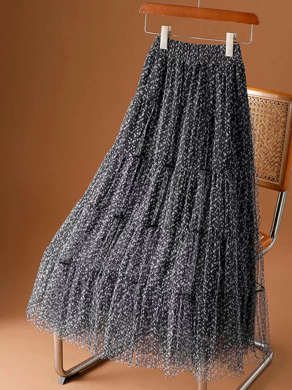 High-end leopard print mesh skirt for women, new style for spring and summer, drapey printed gauze skirt, hip-covering, slimming, swinging A-line long skirt