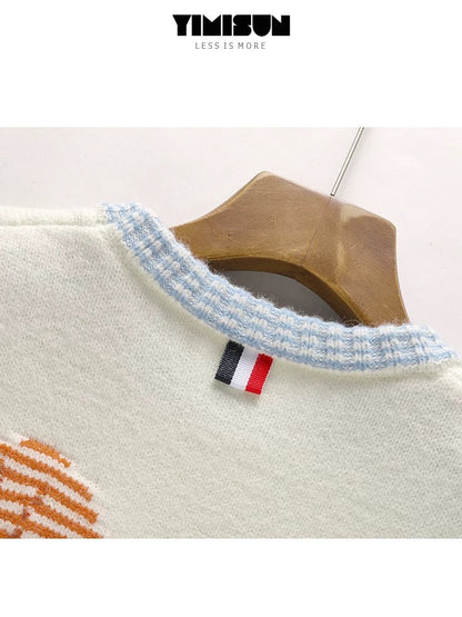 YIMISUN chic heavy work short front and long back puppy embroidery round neck contrast color pocket knitted pullover loose top